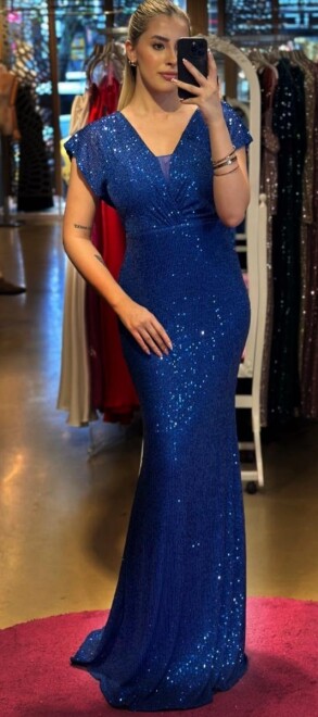 Saxe Blue Short Sleeve Straight Cut Sequin Long Evening Dress 7499 