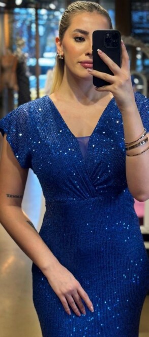 Saxe Blue Short Sleeve Straight Cut Sequin Long Evening Dress 7499 - 2