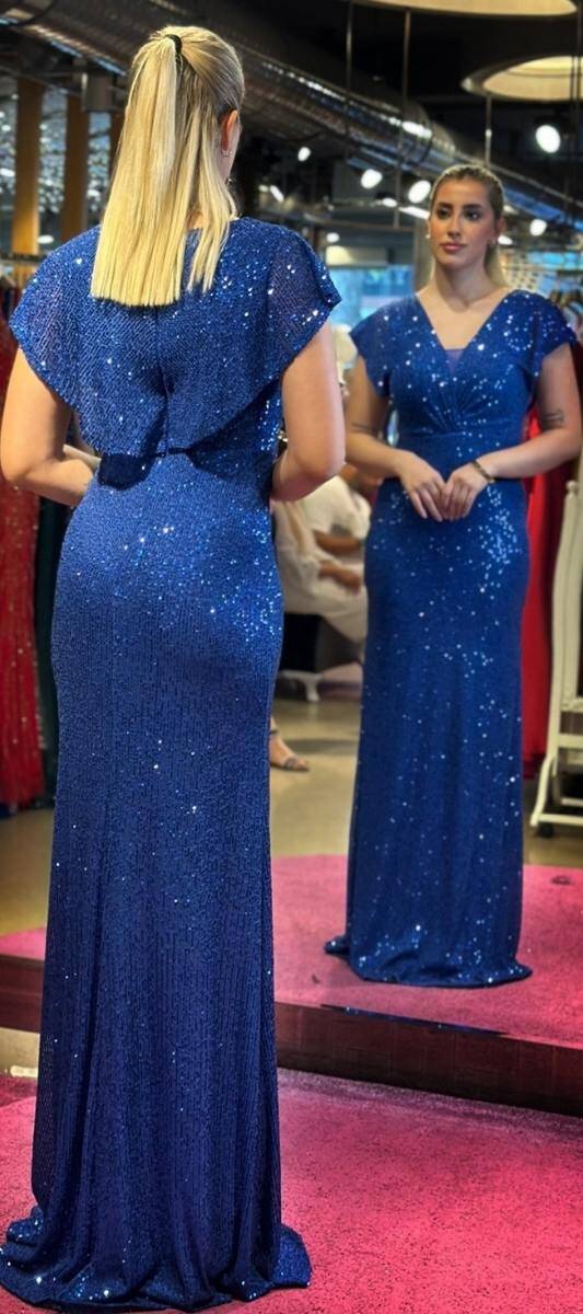 Saxe Blue Short Sleeve Straight Cut Sequin Long Evening Dress 7499 - 4