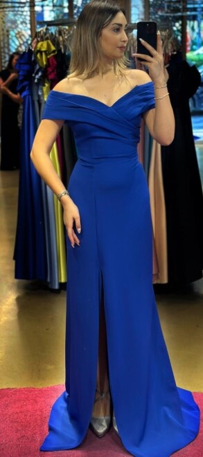 Saxe Blue Slit Mermaid Skirt Crepe Long Evening Dress 7512 - 1