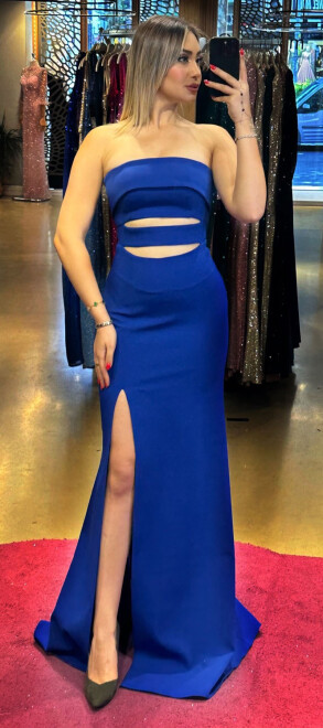 Saxe Blue Slit Straight Cut Crepe Long Evening Dress 7524 