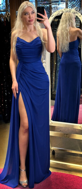 Saxe Blue Slit Straight Cut Lycra Long Evening Dress 7498 - 1