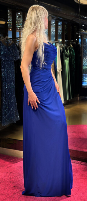 Saxe Blue Slit Straight Cut Lycra Long Evening Dress 7498 - 4