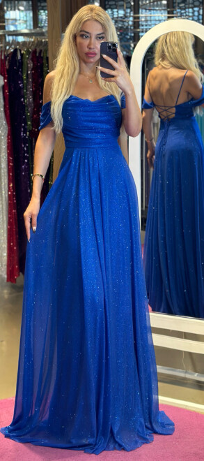 Saxe Blue Spaghetti Strap Low-Cut Back Flared Skirt Glitter Fabric Long Evening Dress 7365 - 1