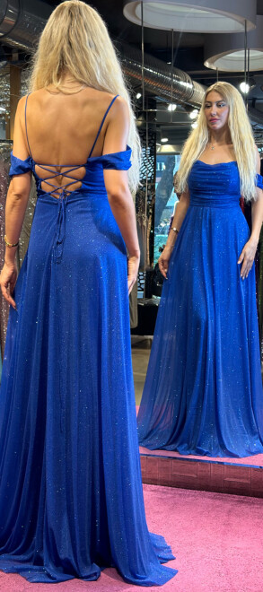 Saxe Blue Spaghetti Strap Low-Cut Back Flared Skirt Glitter Fabric Long Evening Dress 7365 - 5