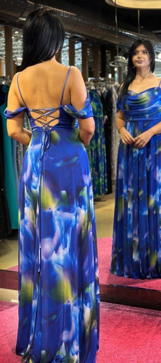 Saxe Blue Spaghetti Strap Low-Cut Back Flared Skirt Patterned Long Evening Dress 7592 - 5