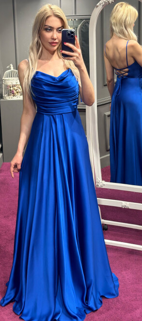 Saxe Blue Spaghetti Strap Low-Cut Back Flared Skirt Satin Long Evening Dress 7281 