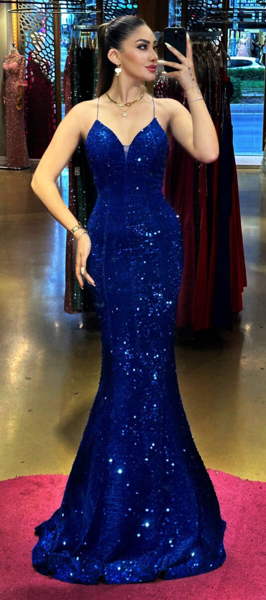 Saxe Blue Spaghetti Strap Low-Cut Back Mermaid Skirt Velvet Sequin Long Evening Dress 6739 - 1