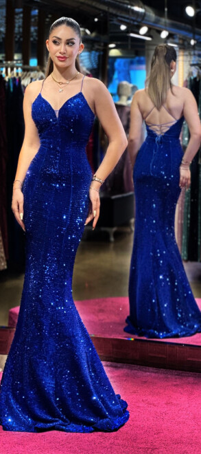 Saxe Blue Spaghetti Strap Low-Cut Back Mermaid Skirt Velvet Sequin Long Evening Dress 6739 - 3