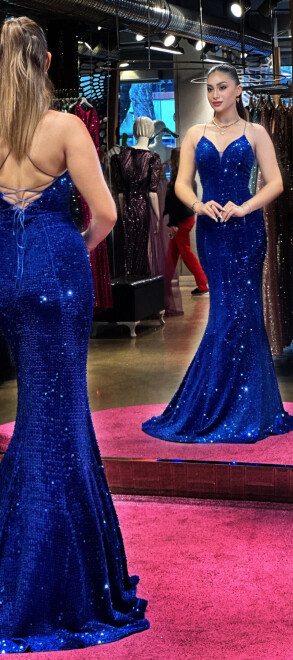 Saxe Blue Spaghetti Strap Low-Cut Back Mermaid Skirt Velvet Sequin Long Evening Dress 6739 - 5