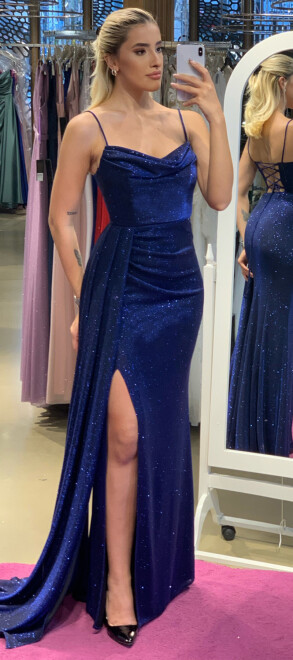 Saxe Blue Spaghetti Strap Low-Cut Back Slit Straight Cut Glitter Long Evening Dress 7253 - 1