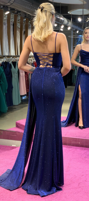 Saxe Blue Spaghetti Strap Low-Cut Back Slit Straight Cut Glitter Long Evening Dress 7253 - 3