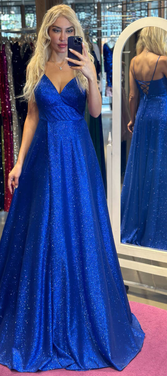 Saxe Blue Spaghetti Strap Low-Cut Back Wrap Slit Flared Skirt Glitter Long Evening Dress 6885 - 1