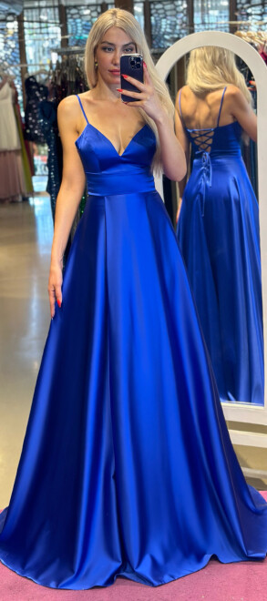 Saxe Blue Spaghetti Strap Low-Cut Back Wrap Slit Flared Skirt Satin Long Evening Dress 6777 