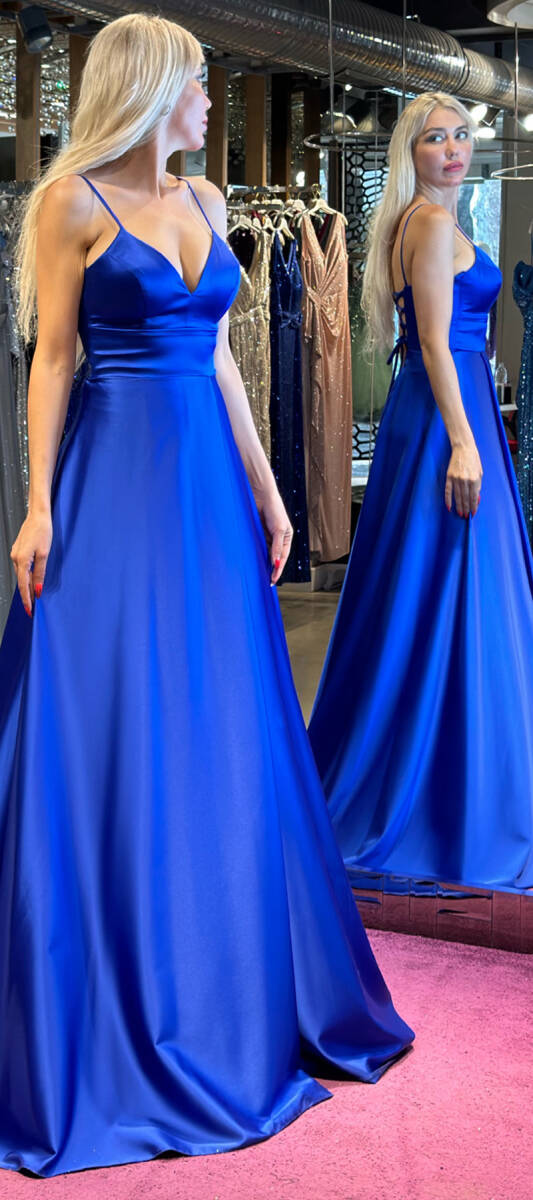 Saxe Blue Spaghetti Strap Low-Cut Back Wrap Slit Flared Skirt Satin Long Evening Dress 6777 - 3