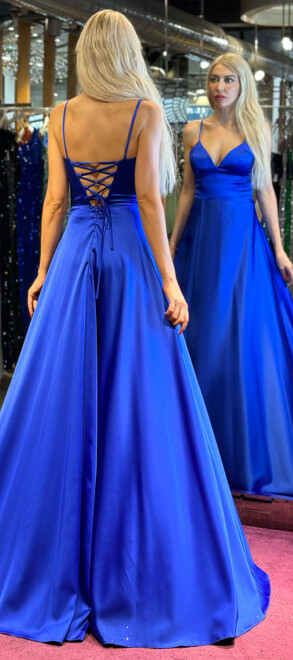 Saxe Blue Spaghetti Strap Low-Cut Back Wrap Slit Flared Skirt Satin Long Evening Dress 6777 - 5