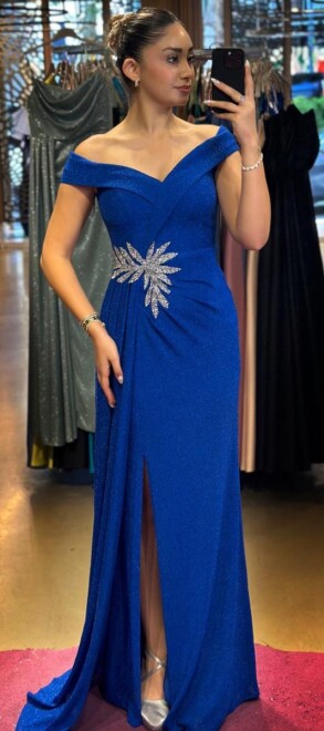 Saxe Blue Stone Detailed Slit Straight Cut Glitter Long Evening Dress 7566 