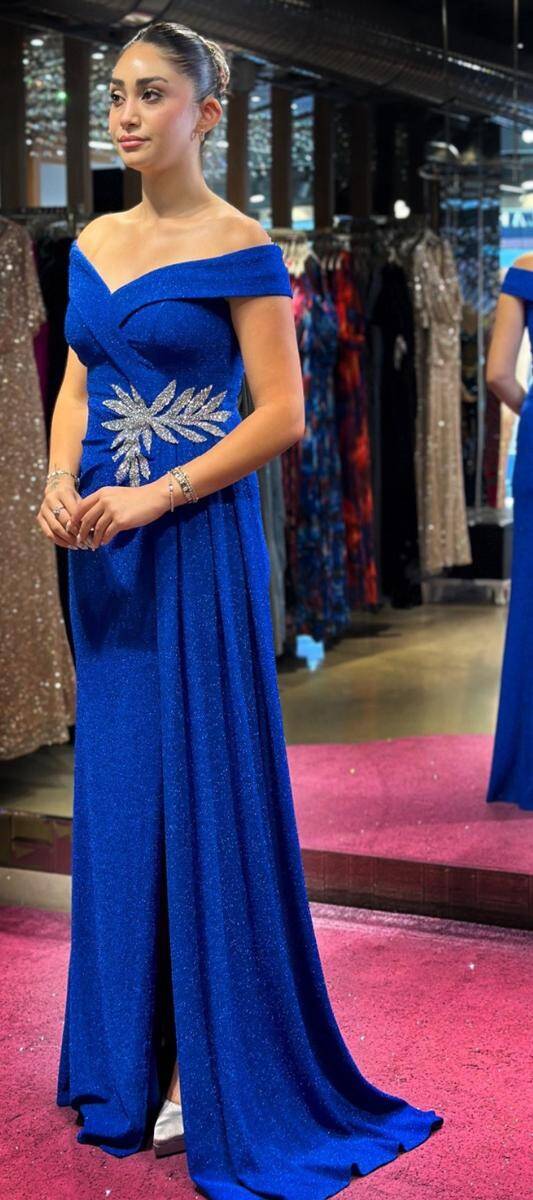 Saxe Blue Stone Detailed Slit Straight Cut Glitter Long Evening Dress 7566 - 3