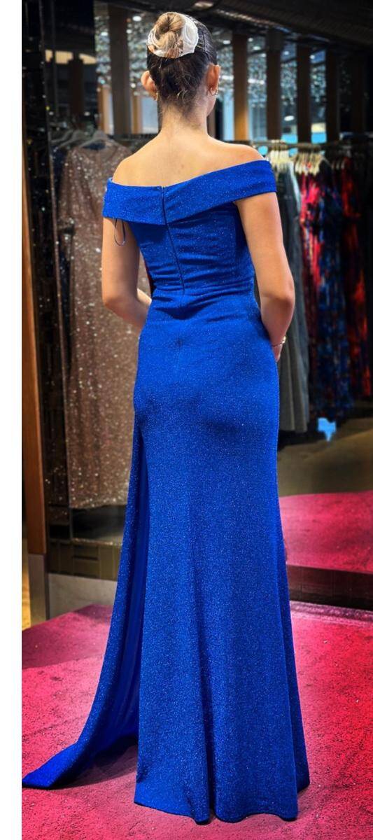 Saxe Blue Stone Detailed Slit Straight Cut Glitter Long Evening Dress 7566 - 5