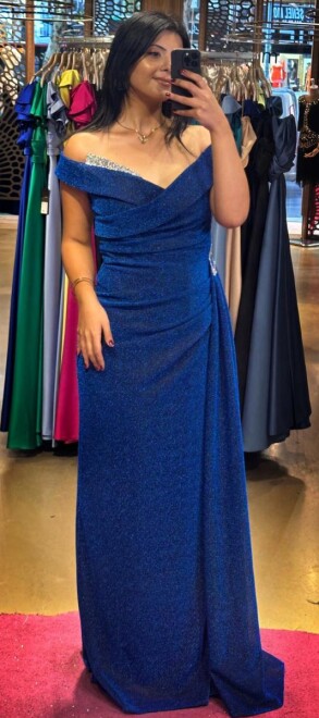 Saxe Blue Stone Detailed Slit Straight Cut Glitter Long Evening Dress 7608 