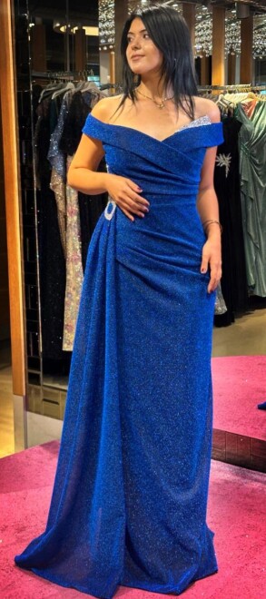 Saxe Blue Stone Detailed Slit Straight Cut Glitter Long Evening Dress 7608 - 4