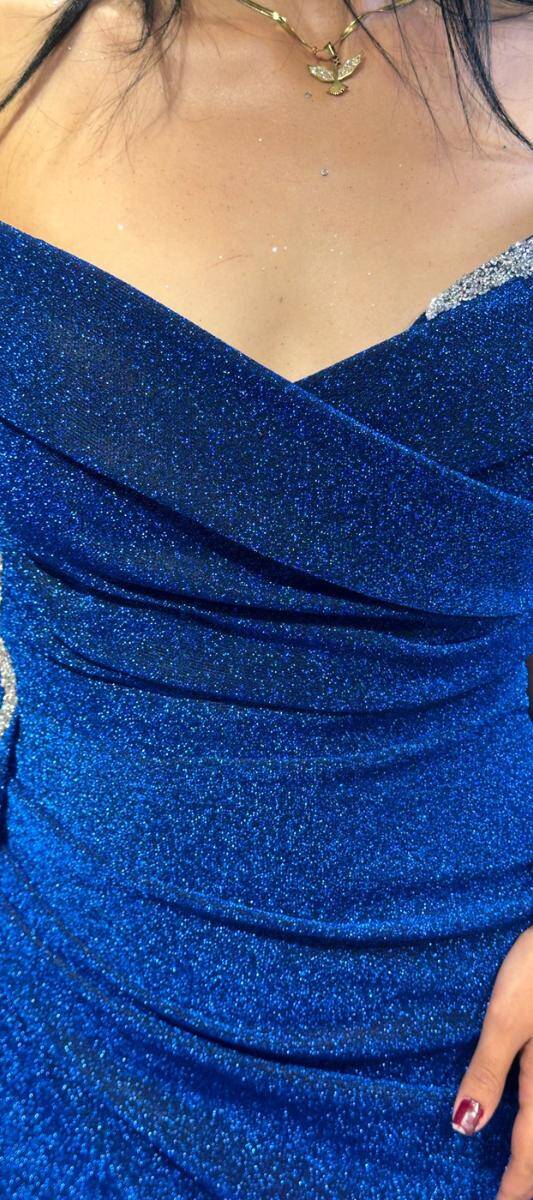 Saxe Blue Stone Detailed Slit Straight Cut Glitter Long Evening Dress 7608 - 3