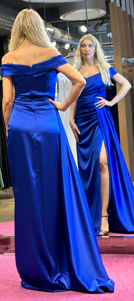 Saxe Blue Stone Detailed Slit Straight Cut Satin Long Evening Dress 7443 - 5