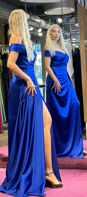 Saxe Blue Stone Detailed Slit Straight Cut Satin Long Evening Dress 7443 - 3