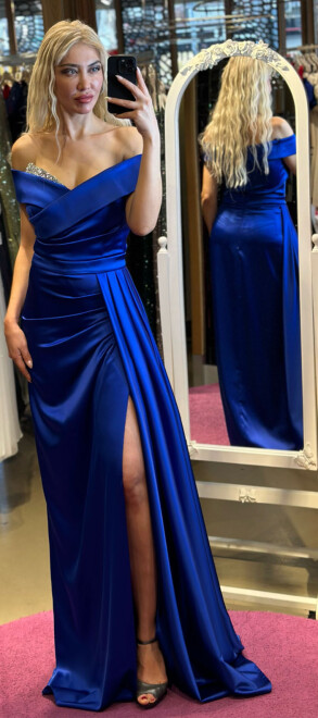 Saxe Blue Stone Detailed Slit Straight Cut Satin Long Evening Dress 7443 - 1