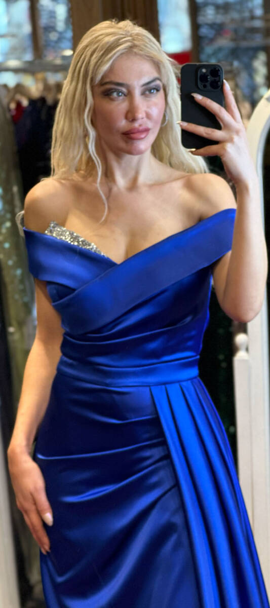 Saxe Blue Stone Detailed Slit Straight Cut Satin Long Evening Dress 7443 - 2