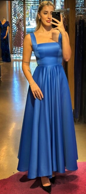 Saxe Blue Thick Strap Flared Skirt Satin Midi Evening Dress 7631 