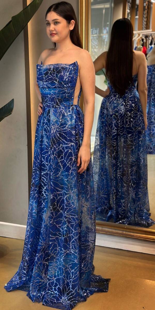 Saxe Blue Wrap Slit Flared Skirt Patterned Long Evening Dress 7678 - 3