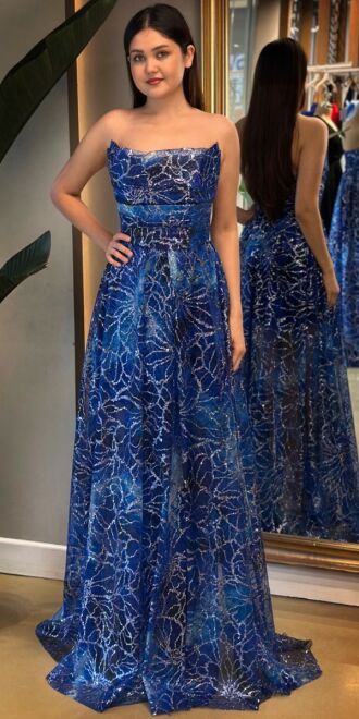 Saxe Blue Wrap Slit Flared Skirt Patterned Long Evening Dress 7678 