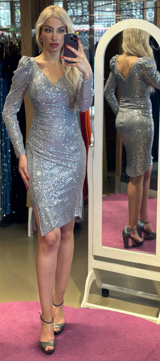 Silver Long Sleeve Slit Straight Cut Sequin Short Evening Dress 7309 - 1