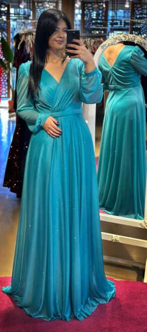 Turquoise Long Sleeve Flared Skirt Glitter Long Evening Dress 7219 