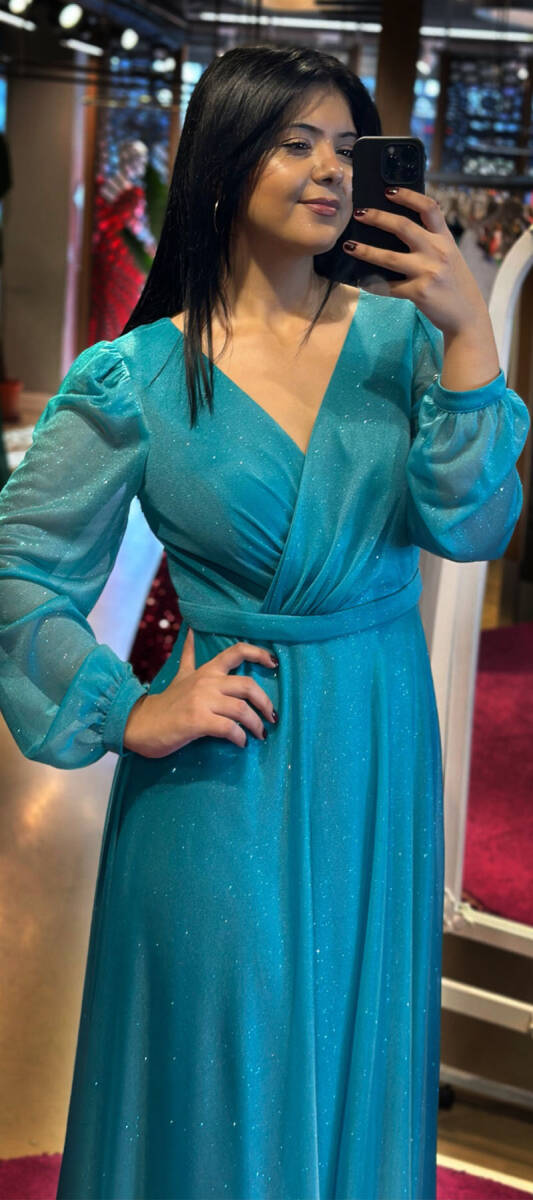 Turquoise Long Sleeve Flared Skirt Glitter Long Evening Dress 7219 - 2