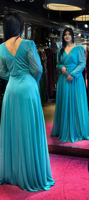 Turquoise Long Sleeve Flared Skirt Glitter Long Evening Dress 7219 - 5