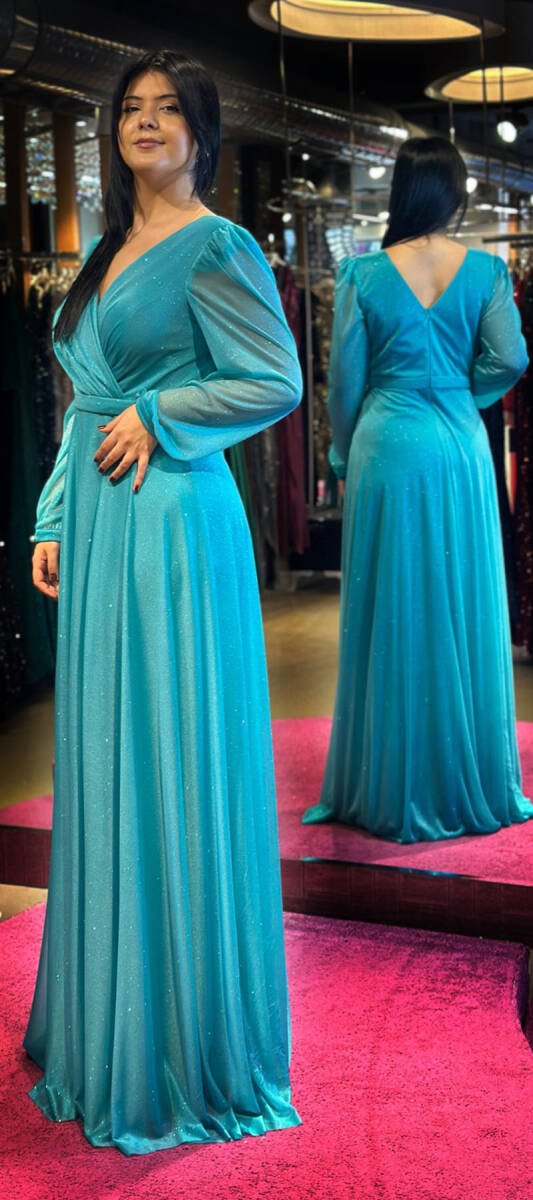 Turquoise Long Sleeve Flared Skirt Glitter Long Evening Dress 7219 - 3