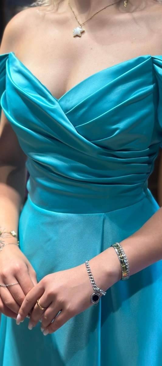 Turquoise Low Sleeve Wrap Slit Flared Skirt Satin Long Evening Dress 7568 - 4