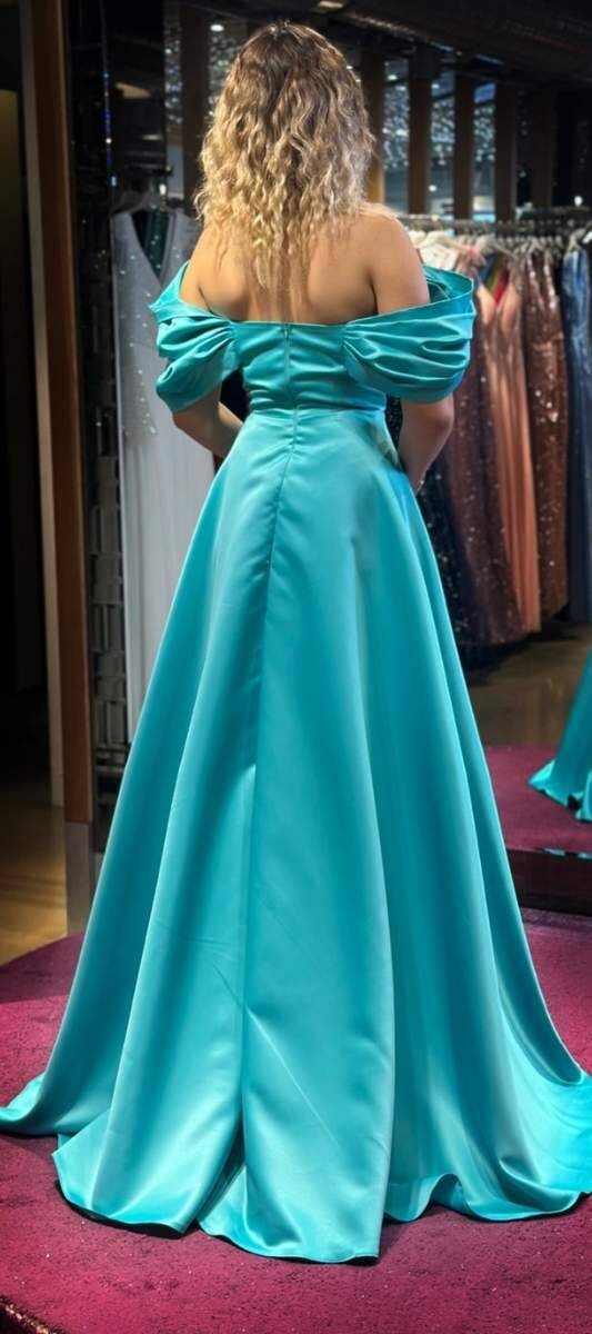 Turquoise Low Sleeve Wrap Slit Flared Skirt Satin Long Evening Dress 7568 - 5