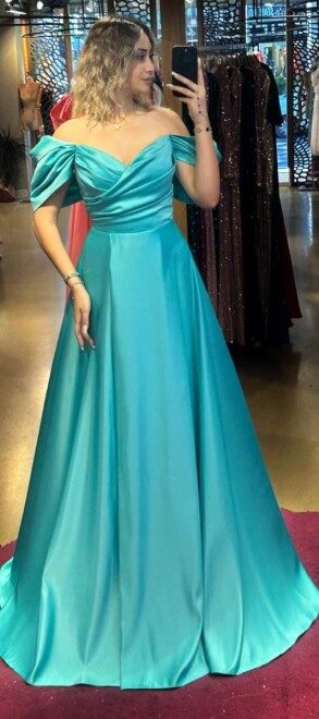 Turquoise Low Sleeve Wrap Slit Flared Skirt Satin Long Evening Dress 7568 