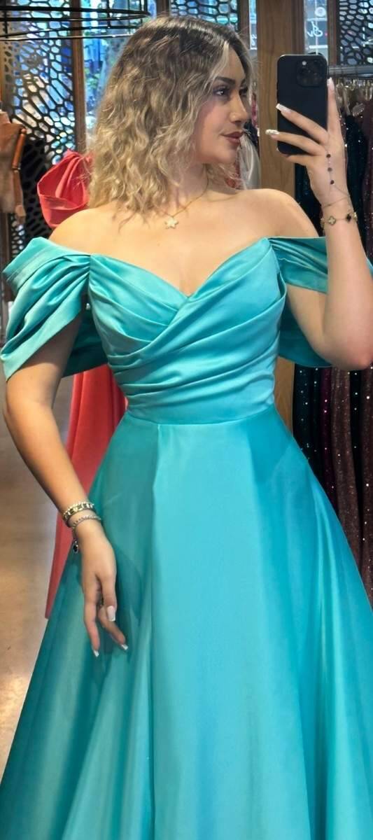 Turquoise Low Sleeve Wrap Slit Flared Skirt Satin Long Evening Dress 7568 - 2