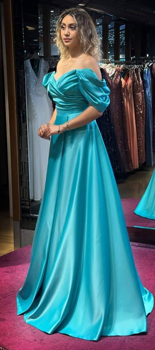 Turquoise Low Sleeve Wrap Slit Flared Skirt Satin Long Evening Dress 7568 - 3