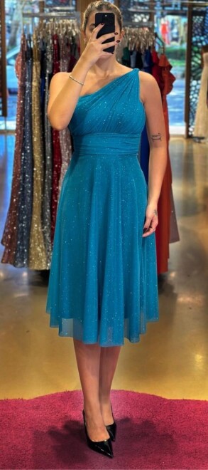 Turquoise One Shoulder Flared Skirt Glitter Midi Evening Dress 7000 