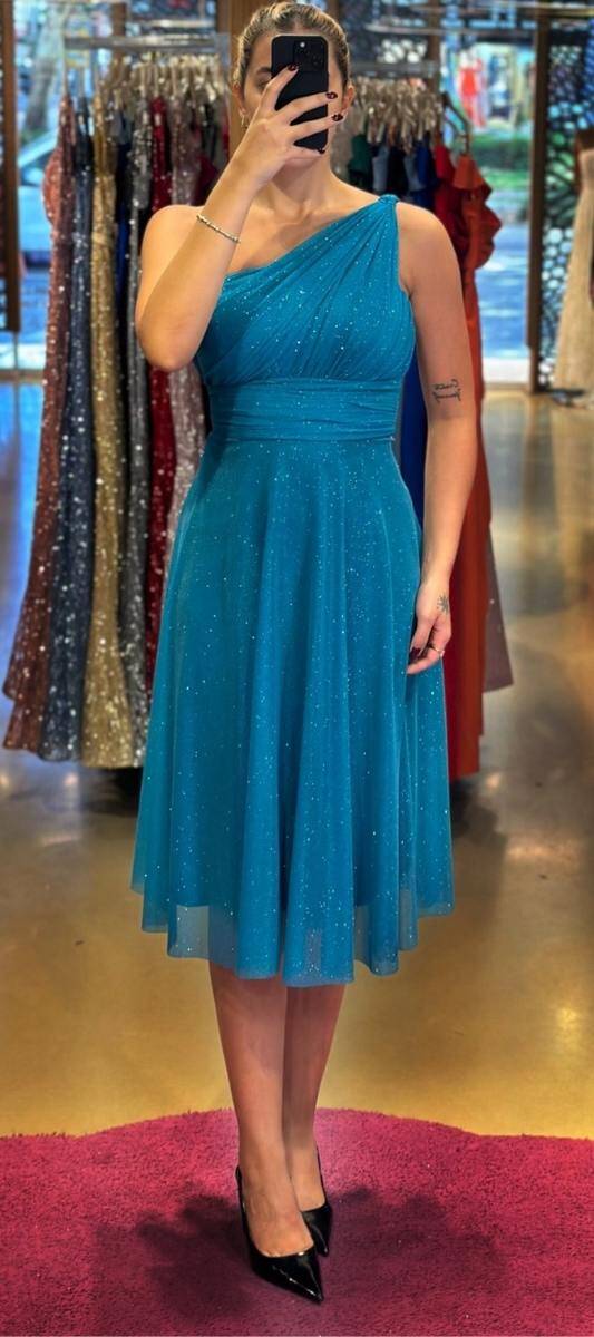 Turquoise One Shoulder Flared Skirt Glitter Midi Evening Dress 7000 - 1