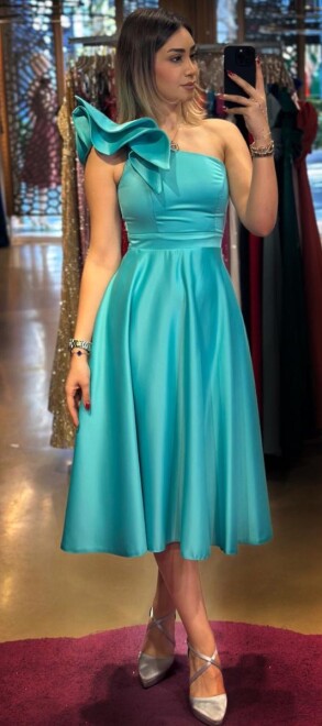 Turquoise One Shoulder Satin Midi Evening Dress 7466 