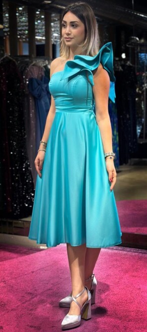 Turquoise One Shoulder Satin Midi Evening Dress 7466 - 3