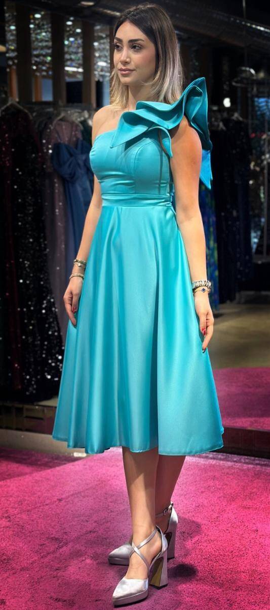 Turquoise One Shoulder Satin Midi Evening Dress 7466 - 3