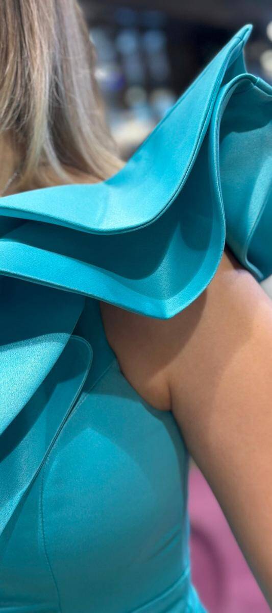 Turquoise One Shoulder Satin Midi Evening Dress 7466 - 4