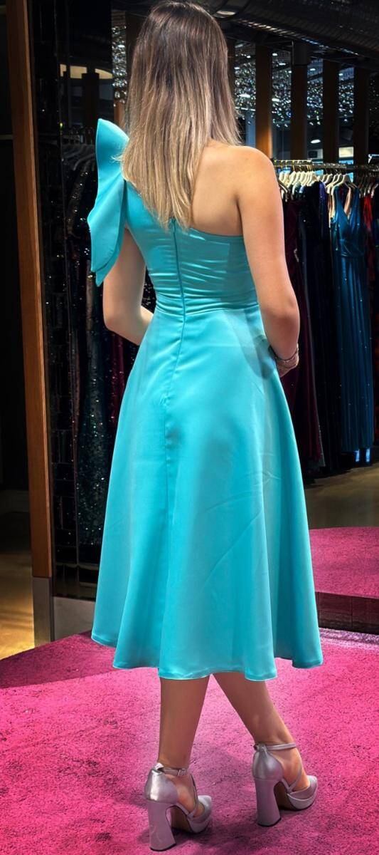 Turquoise One Shoulder Satin Midi Evening Dress 7466 - 5